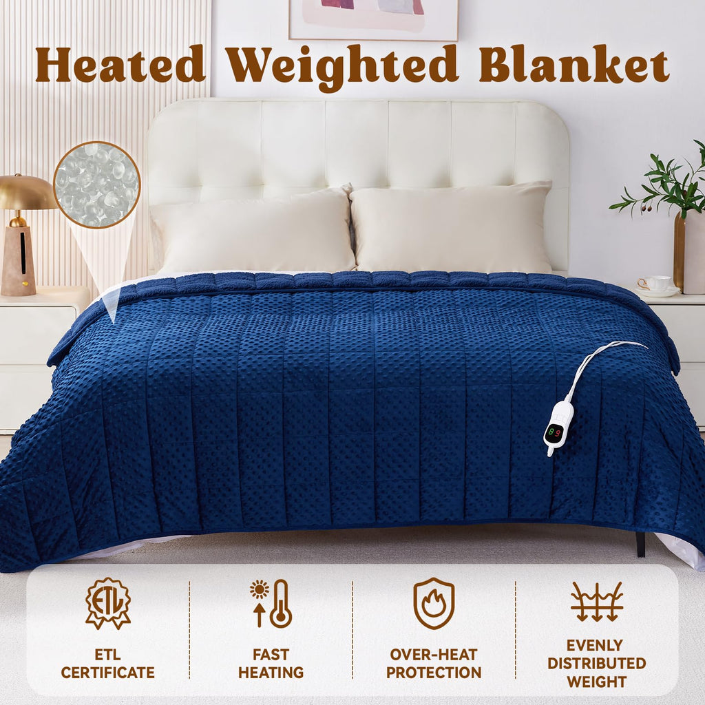 Wellfeel Heated Weighted Blanket for Adults, Soft Electric Throw Blanket 48''x72'' 15LBS Fast Heating Heavy Cozy Blanket with 10 Heating Levels and 1/2/4/6/8 Hours Auto Off (Blue,Twin Size)