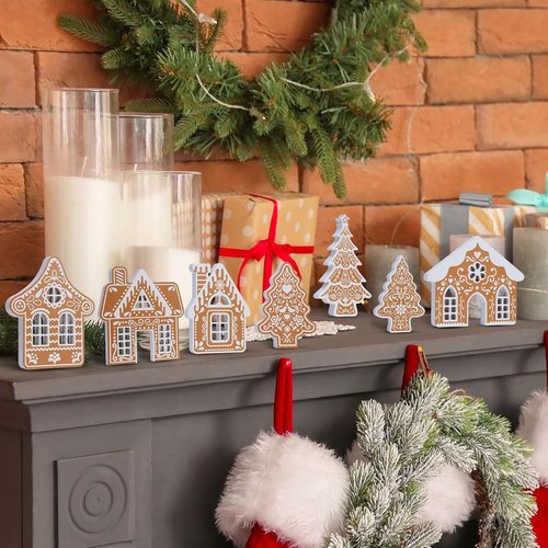 Faccito 9-Piece Wooden Gingerbread House Decor Set - Festive Christmas Village Centerpiece for Indoor Holiday Decorations
