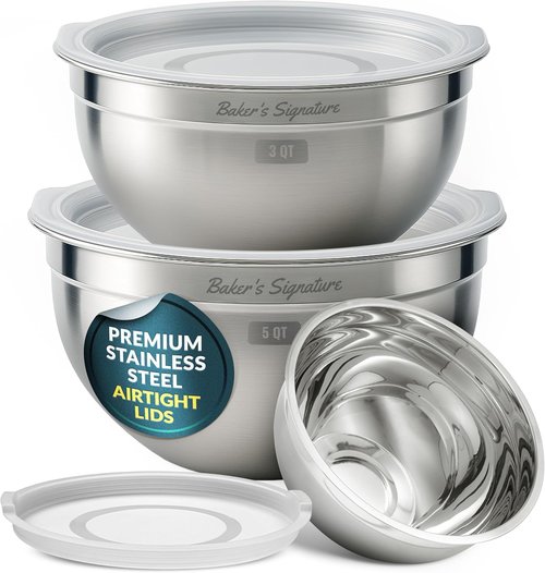 Baker's Signature Stainless Steel Mixing Bowls - Set of 3 Nesting Bowls with Lids | Dishwasher Safe, Silver, 1.5/3/5 Qt
