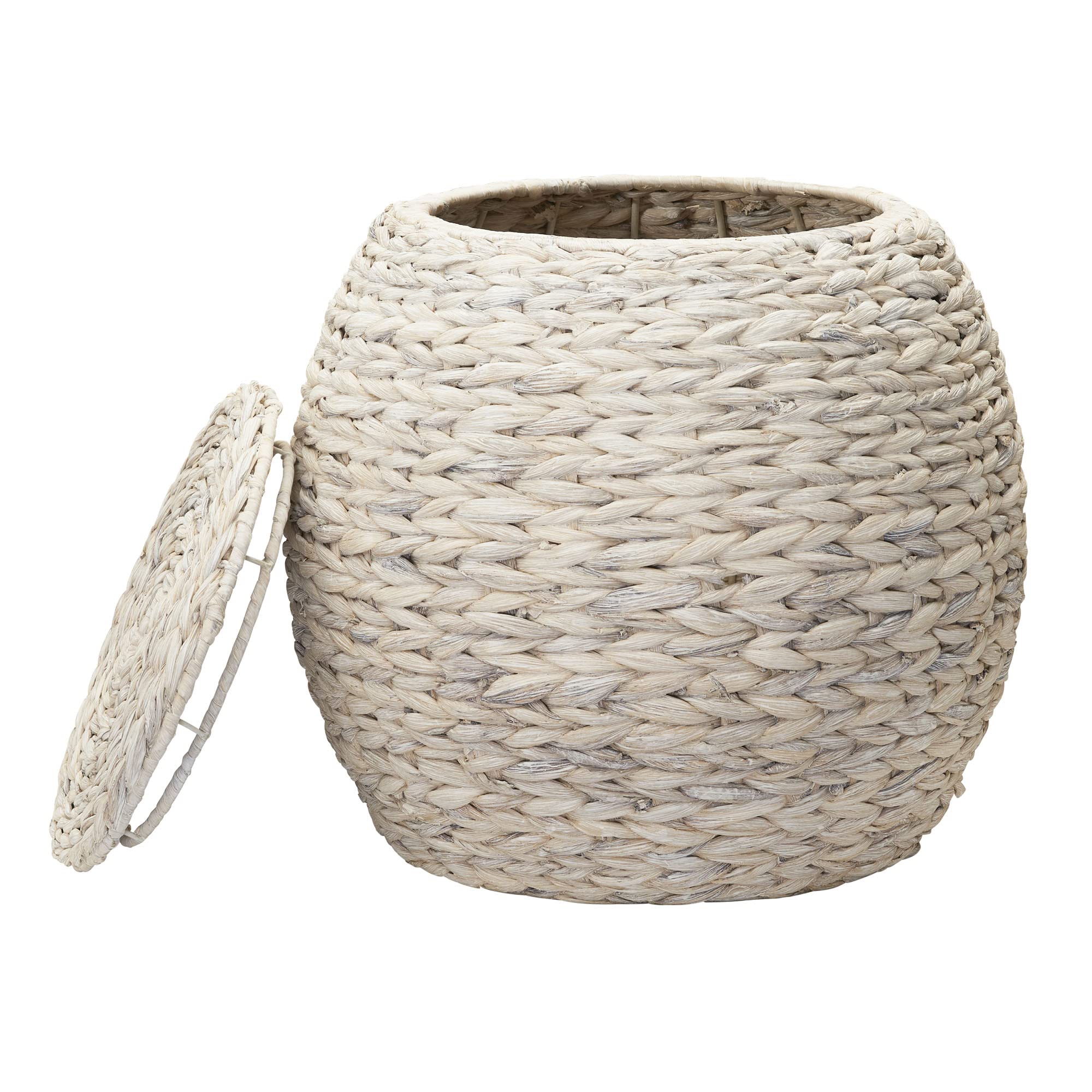 Household Essentials Handwoven Water Hyacinth Barrel Wicker Storage Basket Side Table, Cream Finish