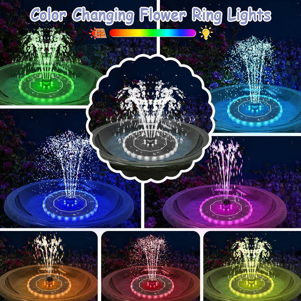 Yzert Solar Fountain - Colorful Ring Lights & 3.5W Pump with 2000mAh Battery for Outdoor Use