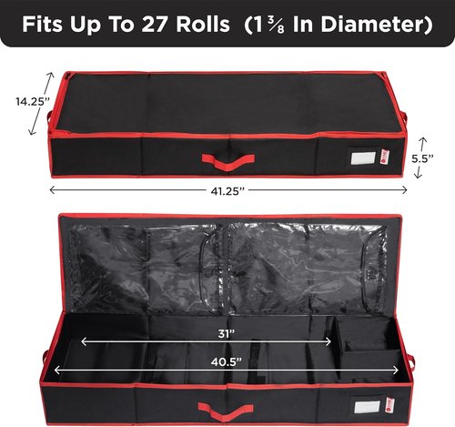HOLDN’ STORAGE Wrapping Paper Storage Container - Durable 600D Tear-Proof Design, Fits 27 Rolls, Extra Pockets for Ribbons & Bows, Black