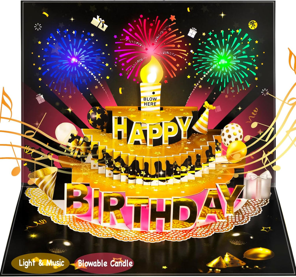 Pop Up Birthday Cards - LED Light & Music, 3D Balloons, Perfect Gift for Men, Women, Kids & Dad