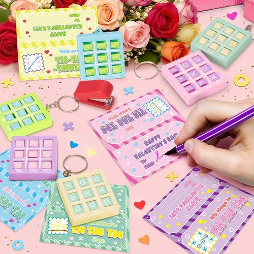 IJIGU Valentines Day Cards for Kids School, 24 Pcs Tic-Tac-Toe Keychains with Valentines' Cards, Valentines Day Exchange Gifts for Kids, Ideal Classroom Prize & Party Favors Supply