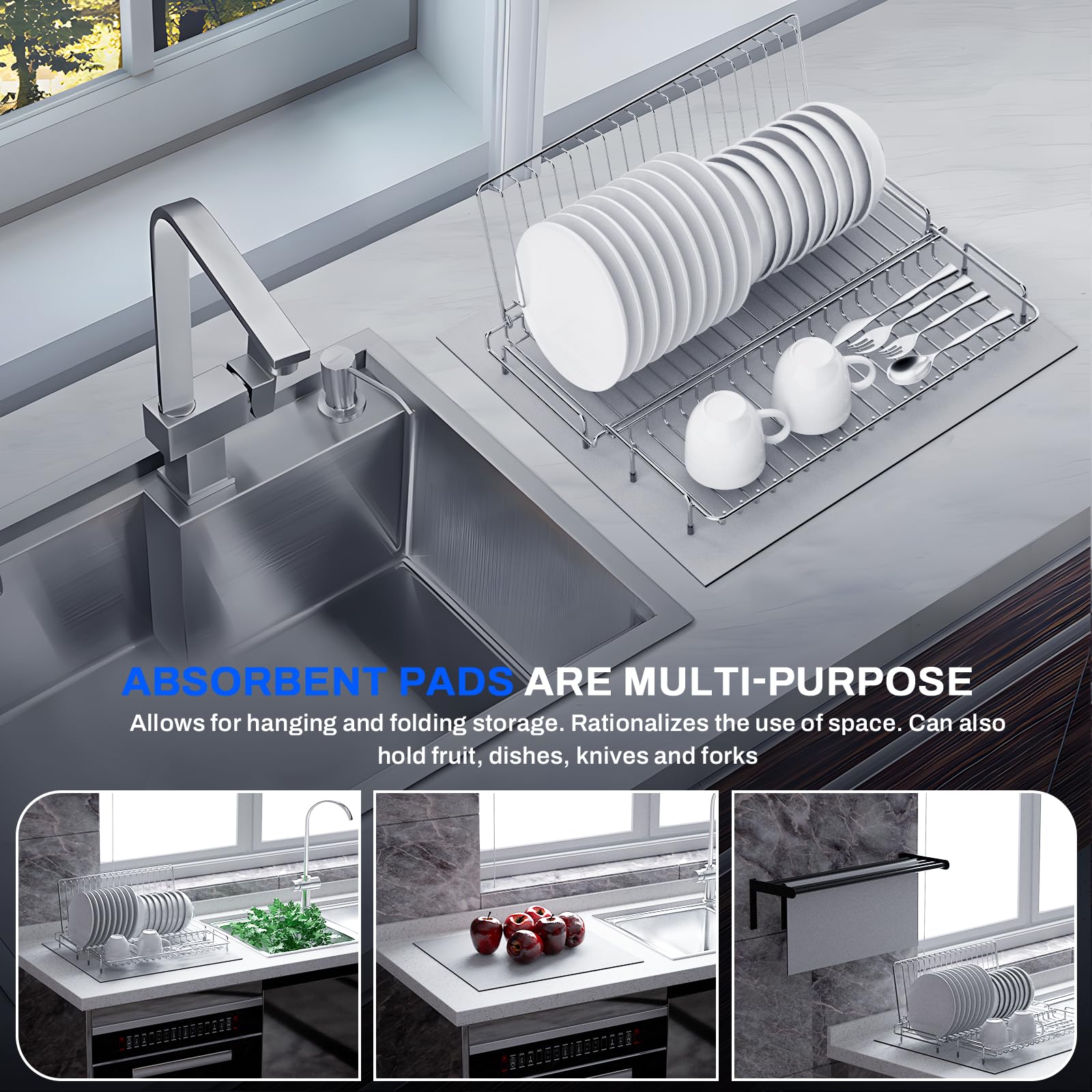 chilinii Dish Drying Rack Stainless Steel Collapsible Foldable Small Dish Rack Countertop Portable Drainer with Drying Mat for Kitchen Dorm RV Campers Travel Trailer Space Saving