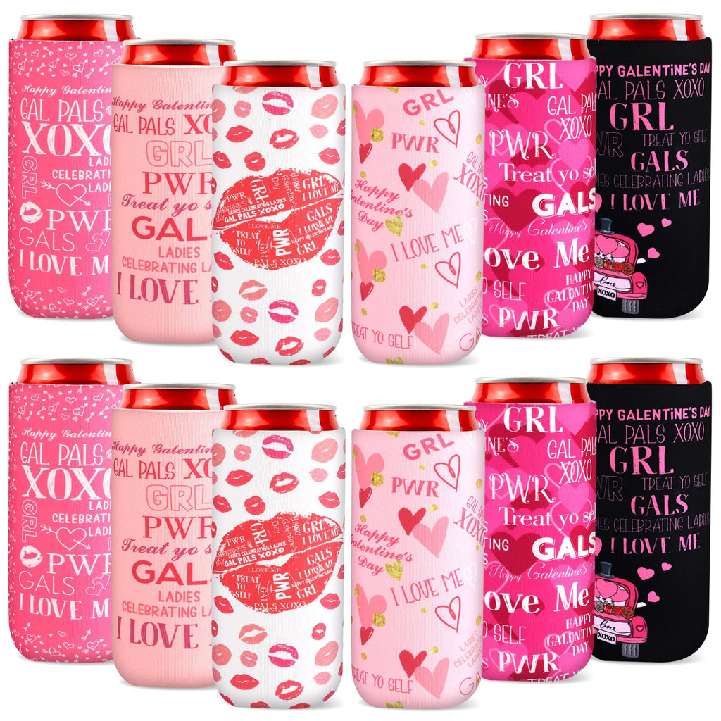 Layhit 12 Pcs Happy Galentine's Day Can Sleeves Celebrating Galentine's Day Beverage Covers for Skinny Cans Cooler Insulated Neoprene Drink Holders for Gathering Party Supplies Favor