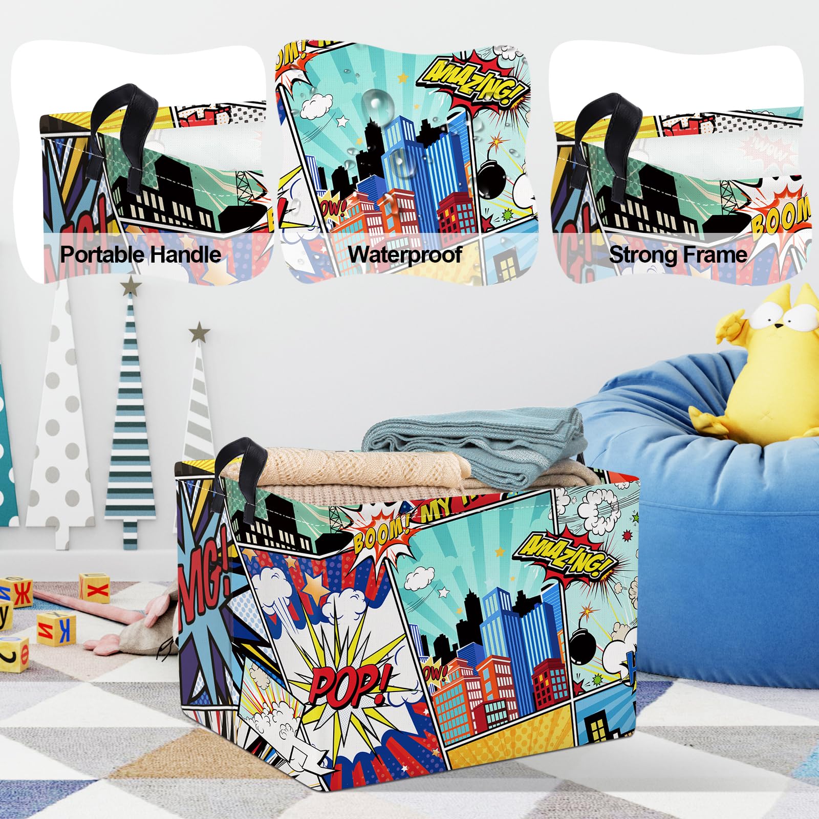 Clastyle 36L Rectangle Blue Comics Hero Kid Storage Basket Collapsible City Building Clothes Toy Nursery Bin Book Shelf Basket