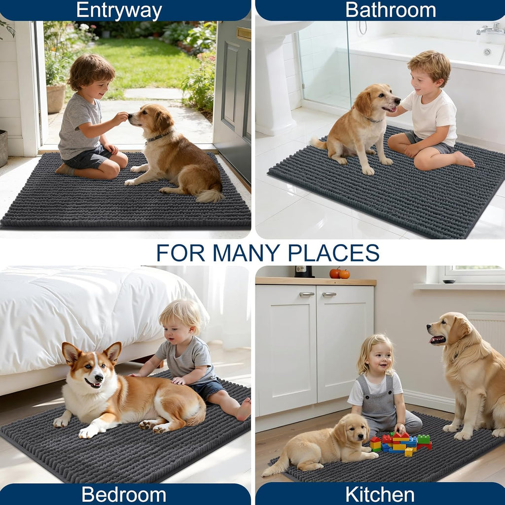 OLANLY Dog Door Mat - Ultra Absorbent Chenille Mud Doormat for Muddy Paws | Non-Slip, Washable, 30x20, Dark Grey