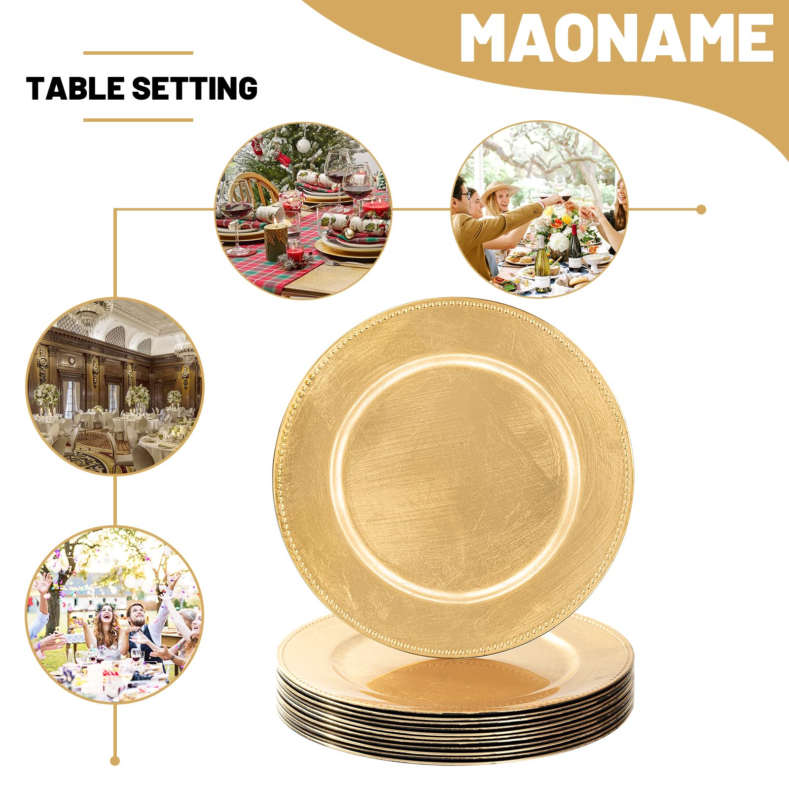 MAONAME Gold Charger Plates Set of 12, Foil 13" Plate Chargers with Beaded, Plastic Round Chargers for Dinner Plates, Table Setting