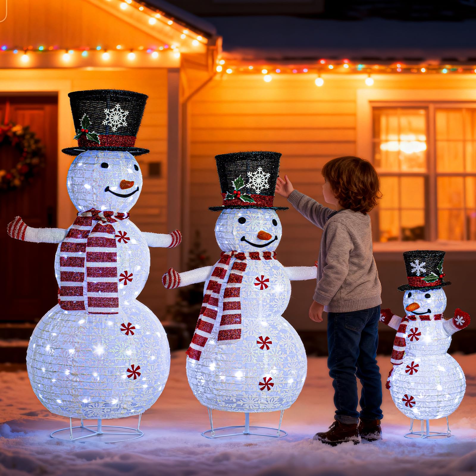 Zeravica Led Snowman Outdoor Decorations, 3PCS Cool White Lighted Snowman for Yard, Patio, Garden - Collapsible for Easy Storage Holiday Christmas Decor