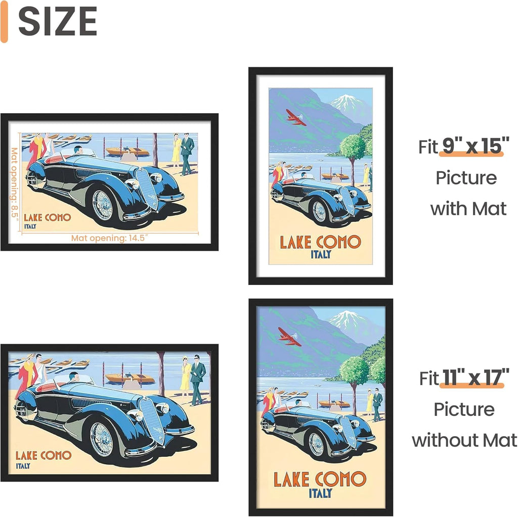 Upsimples 11x17 Picture Frame - Versatile Display for 9x15 Photos with Mat or 11x17 Without - Black, 1 Pack