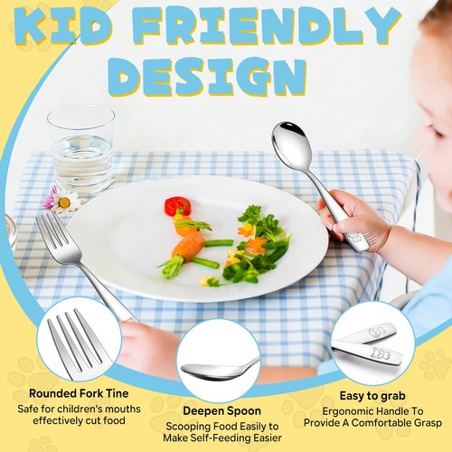 LIANYU 10 Pieces Toddler Silverware, Stainless Steel Kids Silverware Set, Metal Kid Utensils with Small Forks and Spoons, Child and Toddler Safe Flatware with Cute Pattern, Dishwasher Safe