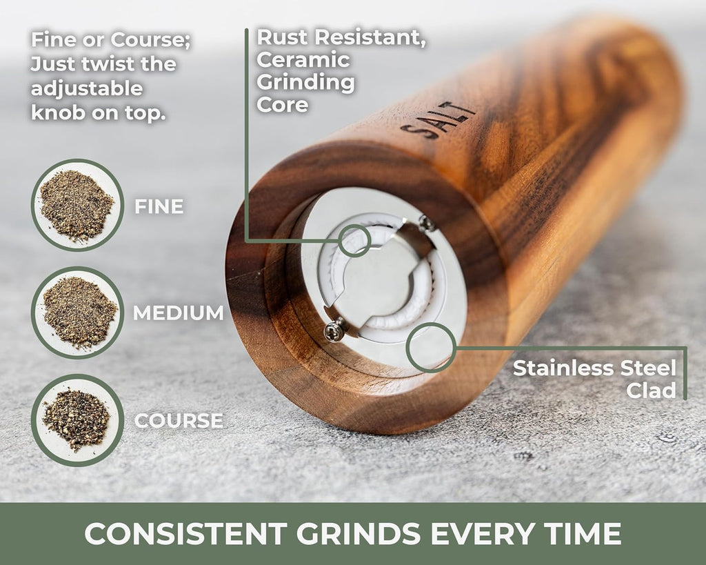 Saffron & Sage Acacia Wood Salt and Pepper Grinder Set | 8” Tall, Adjustable Coarse Settings, Rust Resistant
