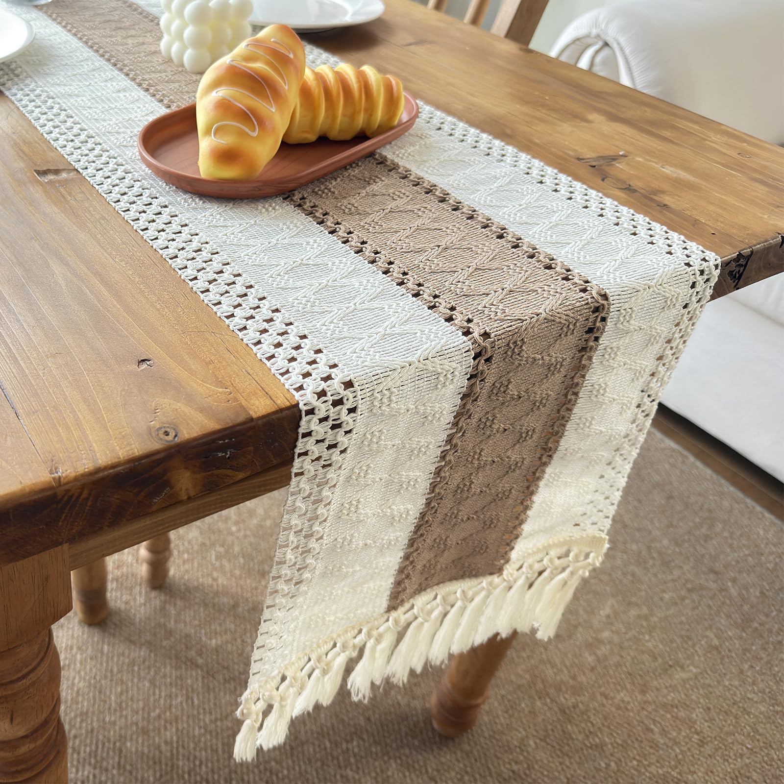 Vanzard Boho Table Runner for Spring Home Decor with Tassels 72 Inches, Farmhouse Rustic Cream & Brown Table Runners for Bohemian Kitchen Summer Dining Table(12x72in, Fringe Included)