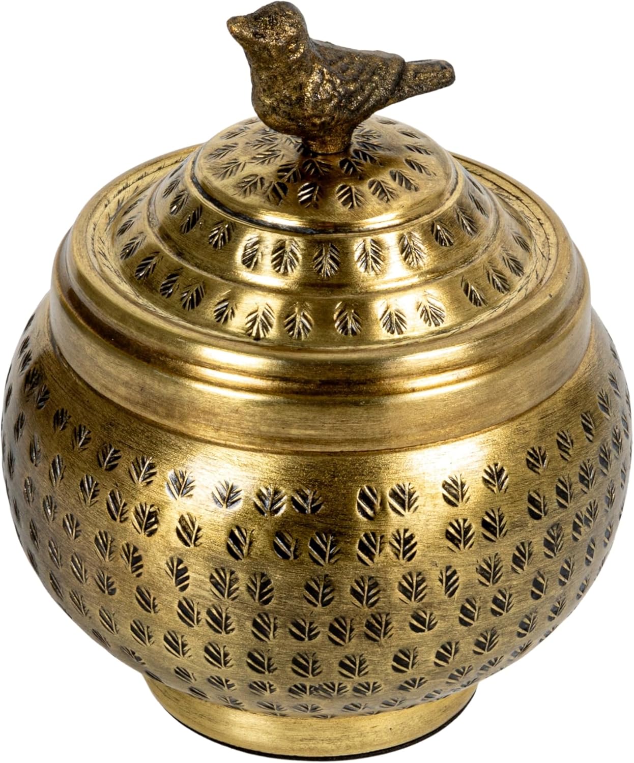 Round Hammered Metal Container - Bird Finial Design in Elegant Brass Finish