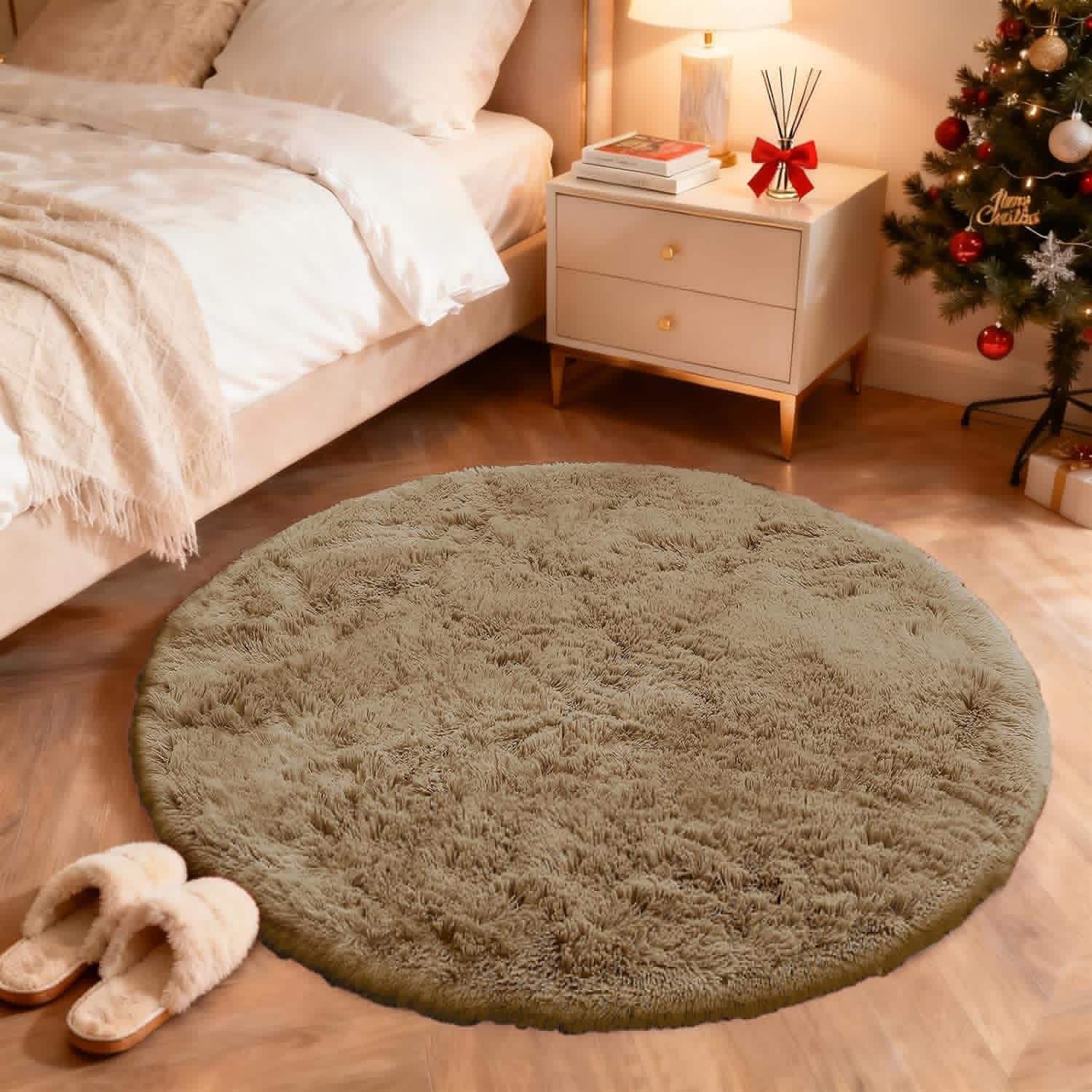 OLANLY Round Taupe Area Rug - Soft, Fluffy, Machine Washable 4 ft Circle Carpet for Bedroom & Nursery