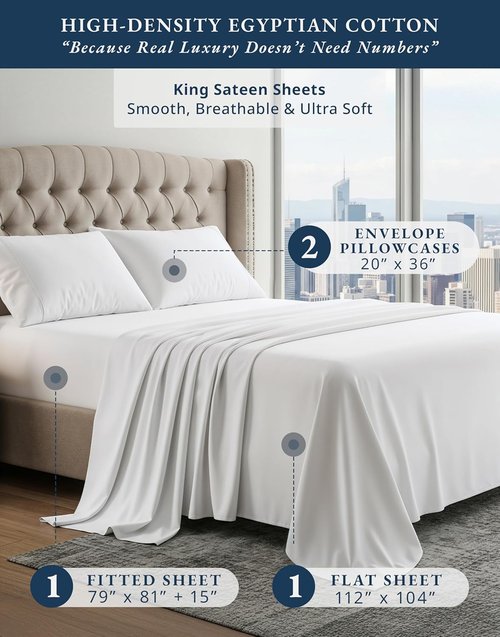 100% Egyptian Cotton Sheets King Size - Ultra-Soft & Breathable 4-Piece Set with Deep Pockets | Luxurious White Sateen Weave