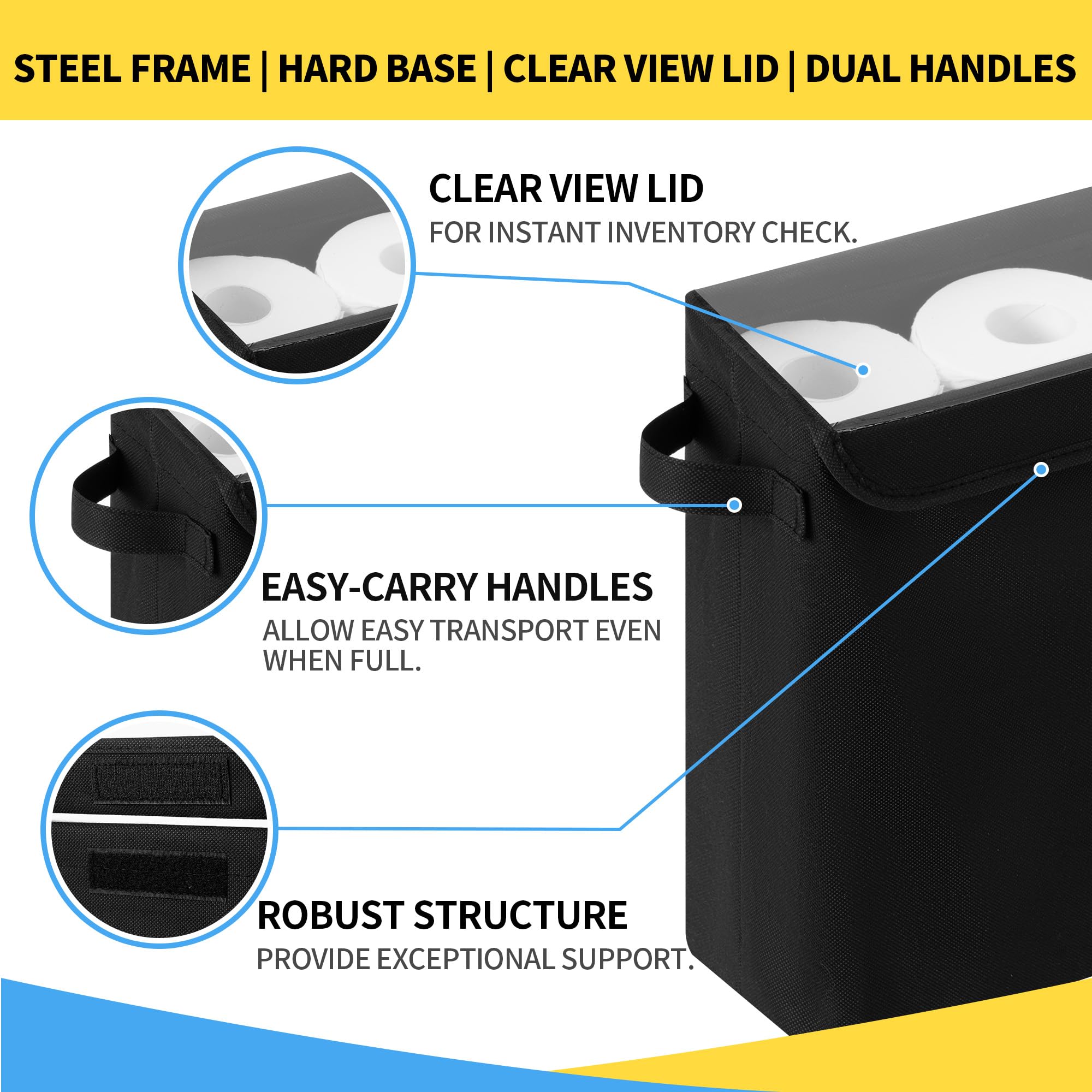 Cupic Cupid Toilet Paper Storage Baskets, Bathroom Toilet Paper Storage with Lid, Holds 12 Regular or 9 Mega Rolls, Slim Toilet Tissue Holder Basket with Clear PVC Lid and Handles, Black