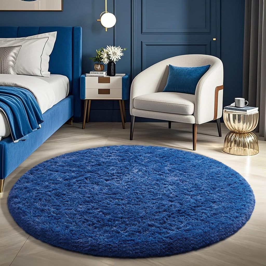 Ophanie Blue Round Rug - 5Ft Plush Circle Area Rug for Kids' Room | Soft Fluffy Shaggy Carpet