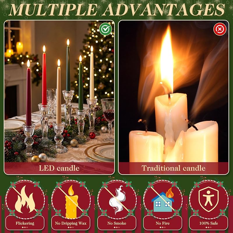 24 Pcs 11'' Christmas Flameless Taper Candles - Variation: Retro Christmas
