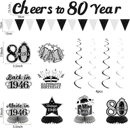 Holkcog 80th Birthday Decorations - Back In 1946 Poster & Banner Set with Balloons, Sash & Fans