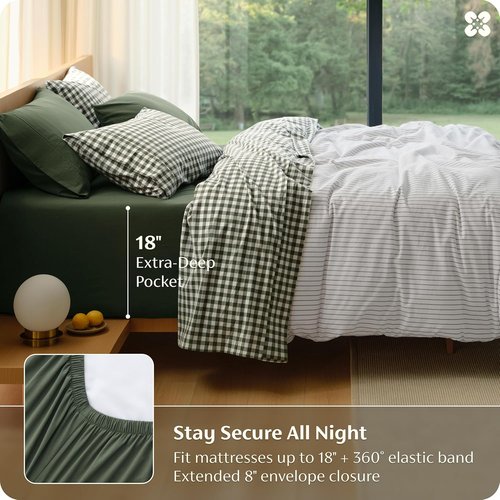 Bedsure 100% Washed Cotton Percale Sheets - Gingham Olive Green Queen Set with 18" Deep Pockets, Soft & Breathable