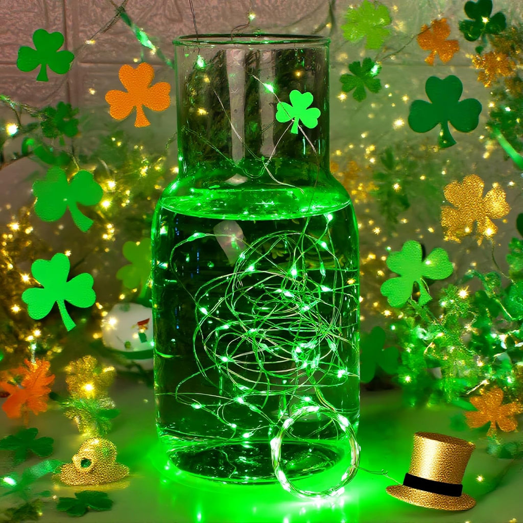 WATERGLIDE 12 Pack St. Patrick's Day Fairy Lights - 7 ft Battery Operated LED Mini String Lights | Waterproof Silver Wire for DIY Decor