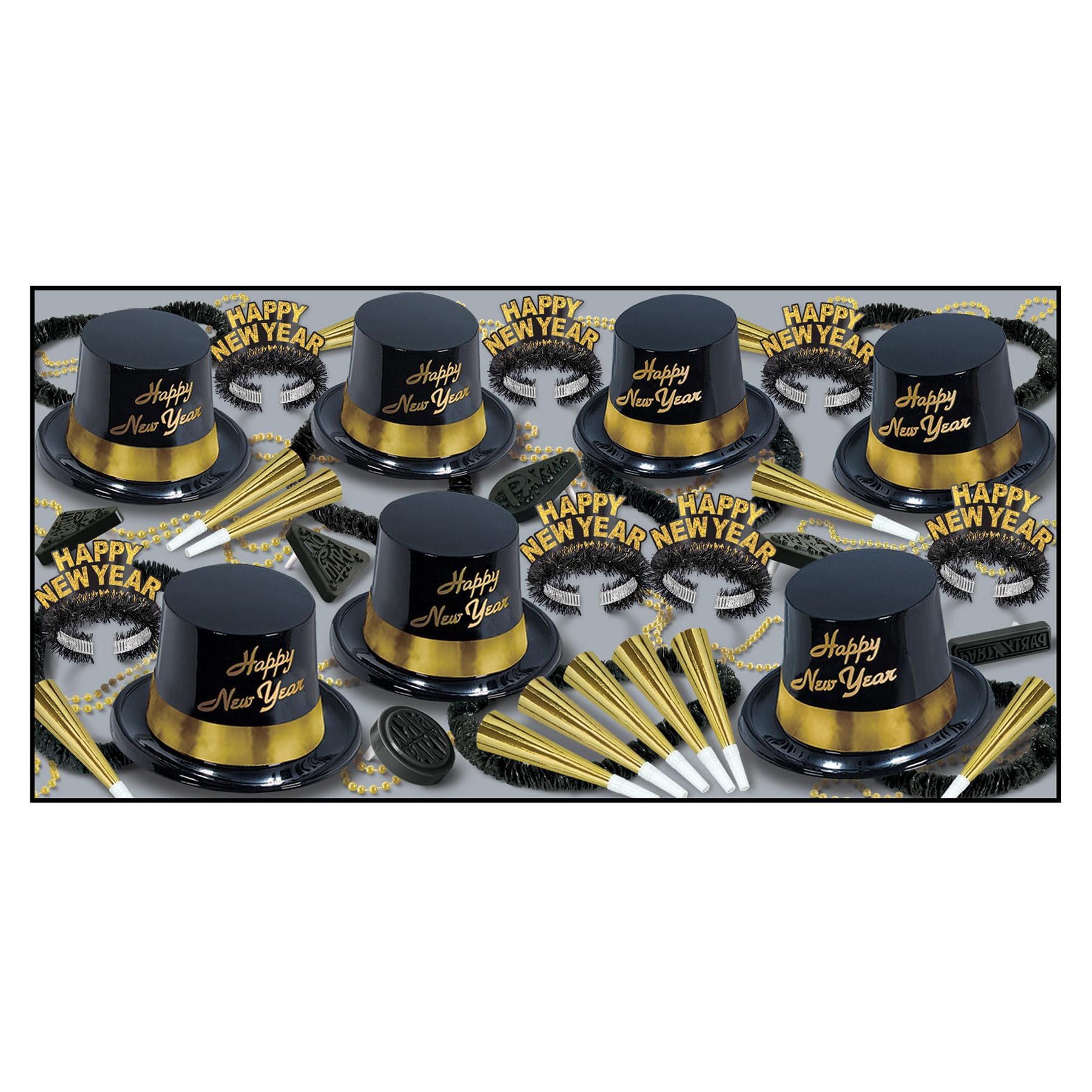 Beistle Gold Legacy Assortment for 50 People – New Year’s Eve Party Kit with Plastic Toppers, Fringed Tiaras, Foil Horns, Leis, Noisemakers and Bead Necklaces for Coordinated NYE Group Celebrations