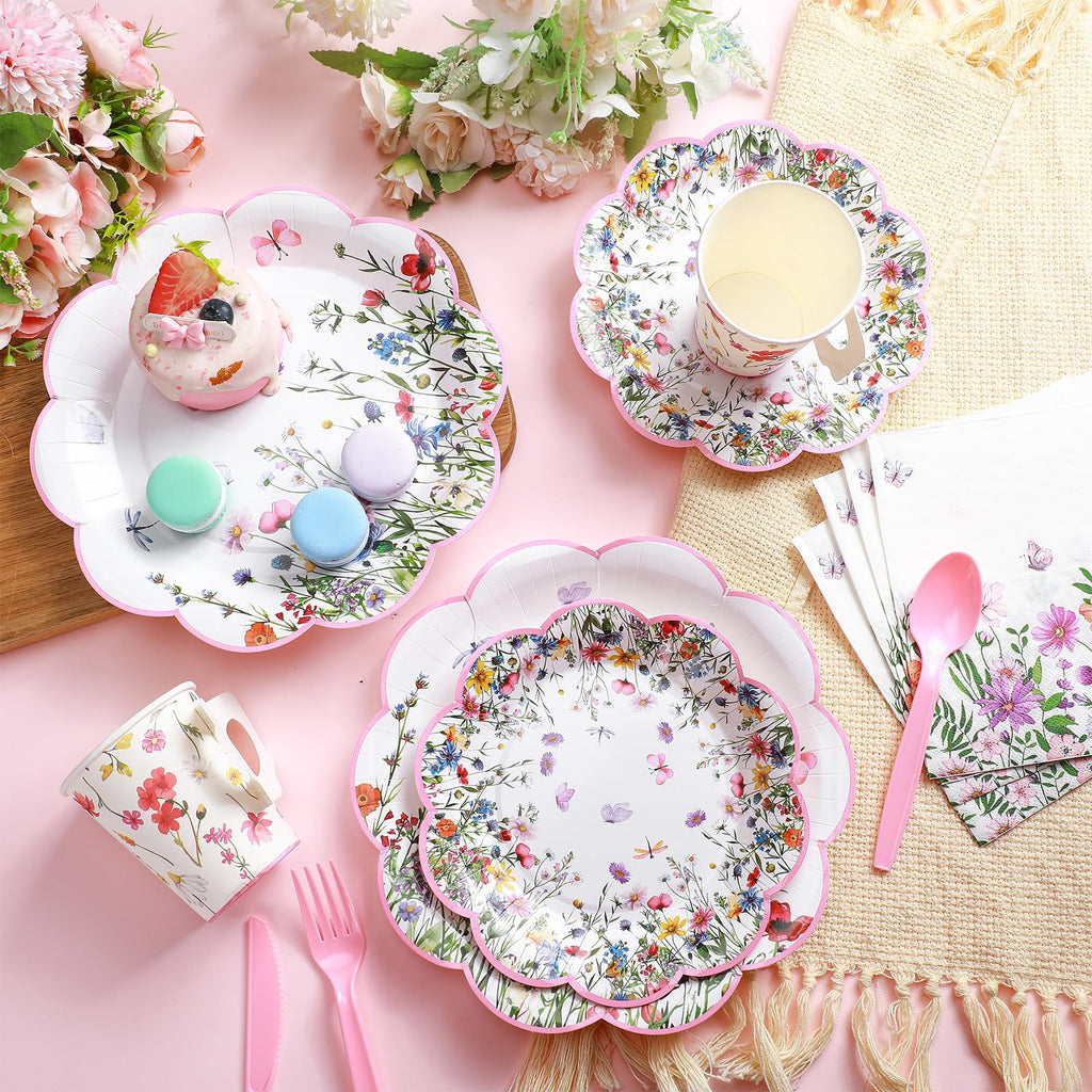 Pickmesh 252 Pcs Floral Tea Party Supplies for 36 Guests Wildflower Paper Disposable Dinnerware Floral Teacups with Handle and Saucers Sets for Tea Party Decorations Birthday Baby Shower Wedding