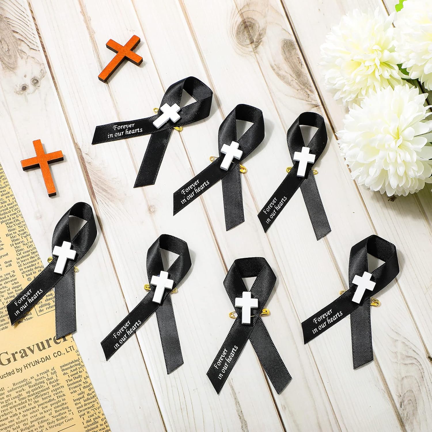 Regine Switzerland 50 Pcs Memorial Funeral Ribbons - Cross Pins for Mourning Events | Black