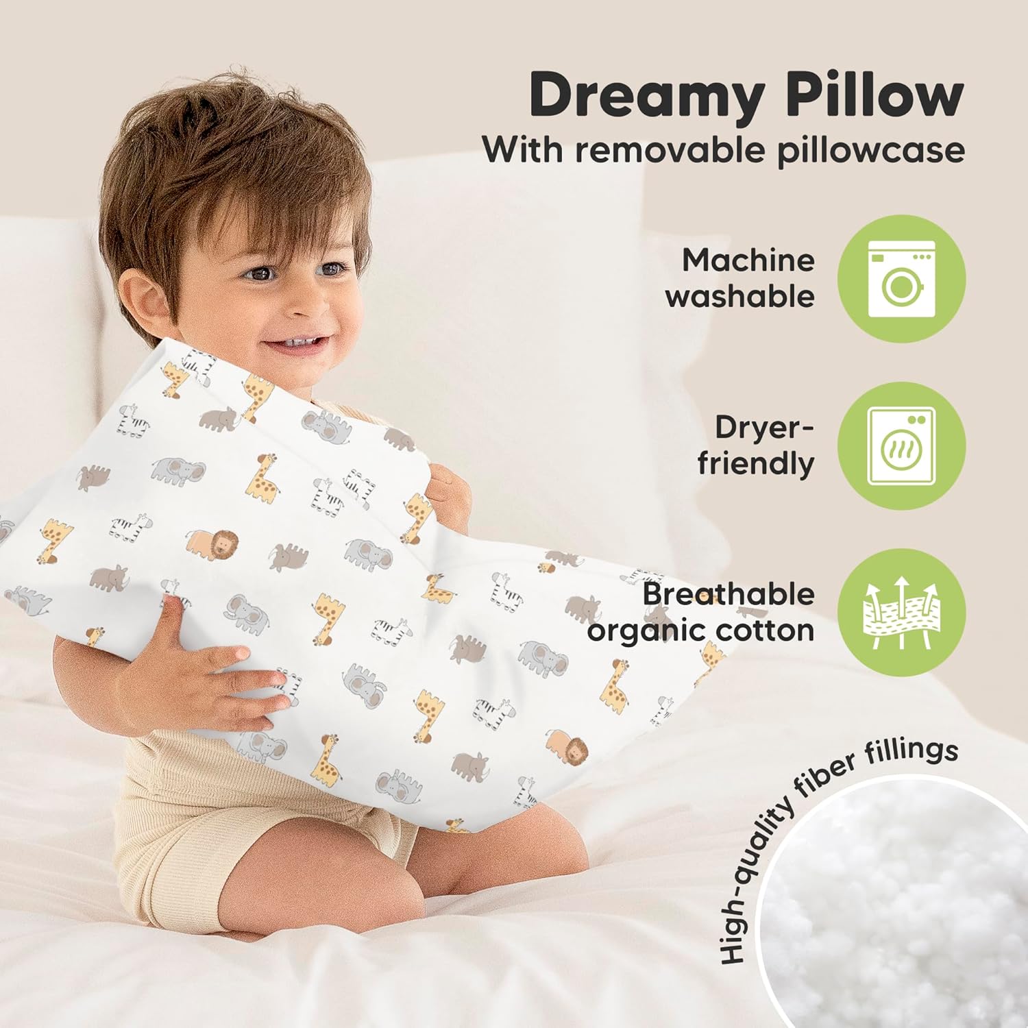 My Little Dreamy Toddler Pillow - Organic Cotton Travel Bed Pillow with Soft Pillowcase | 13x18, Machine Washable, Ideal for Ages 2-5 (Safari Echo)