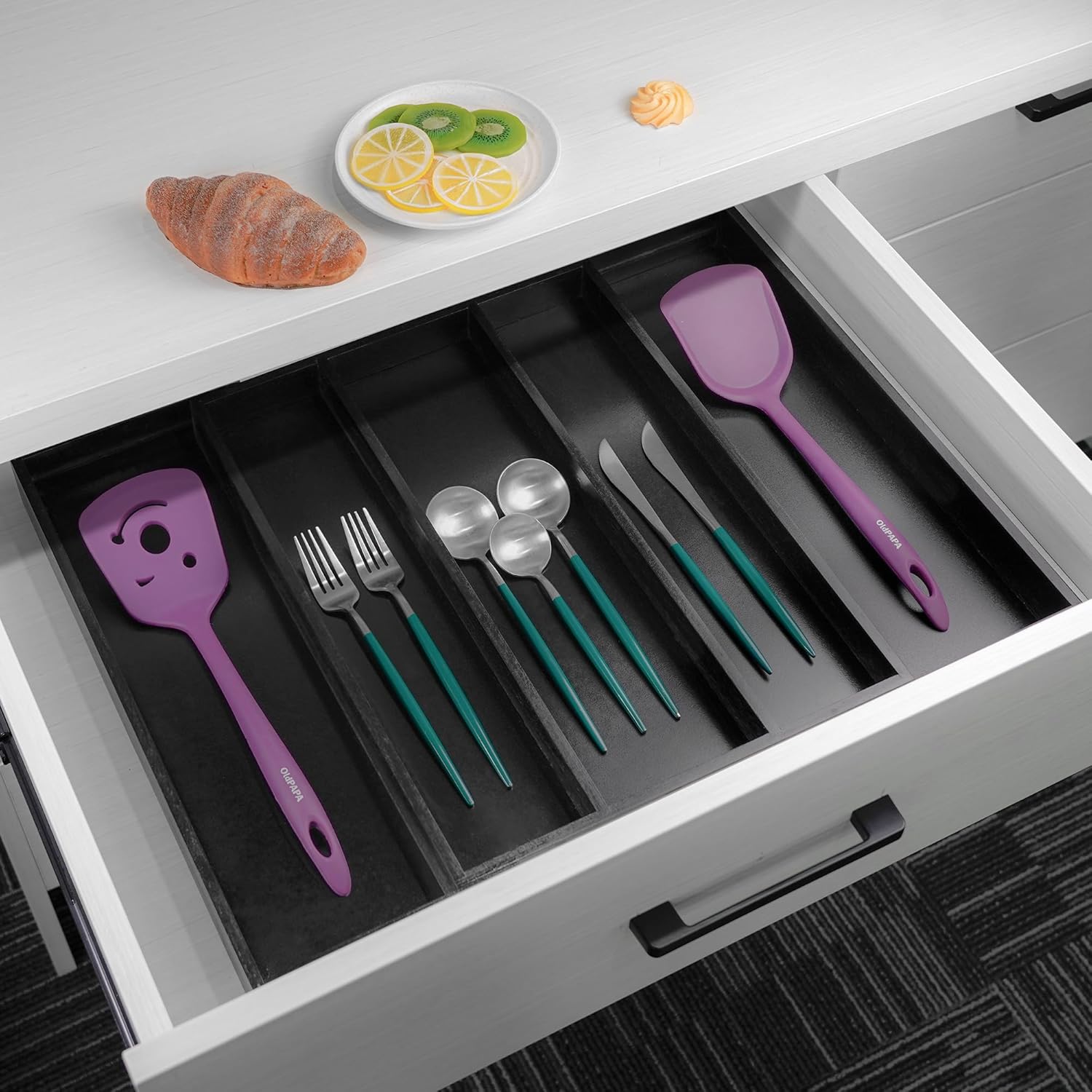 Utoplike Bamboo Drawer Organizer - Adjustable Black Silverware Holder & Cutlery Tray | Expandable Divider for Kitchen & Bedroom