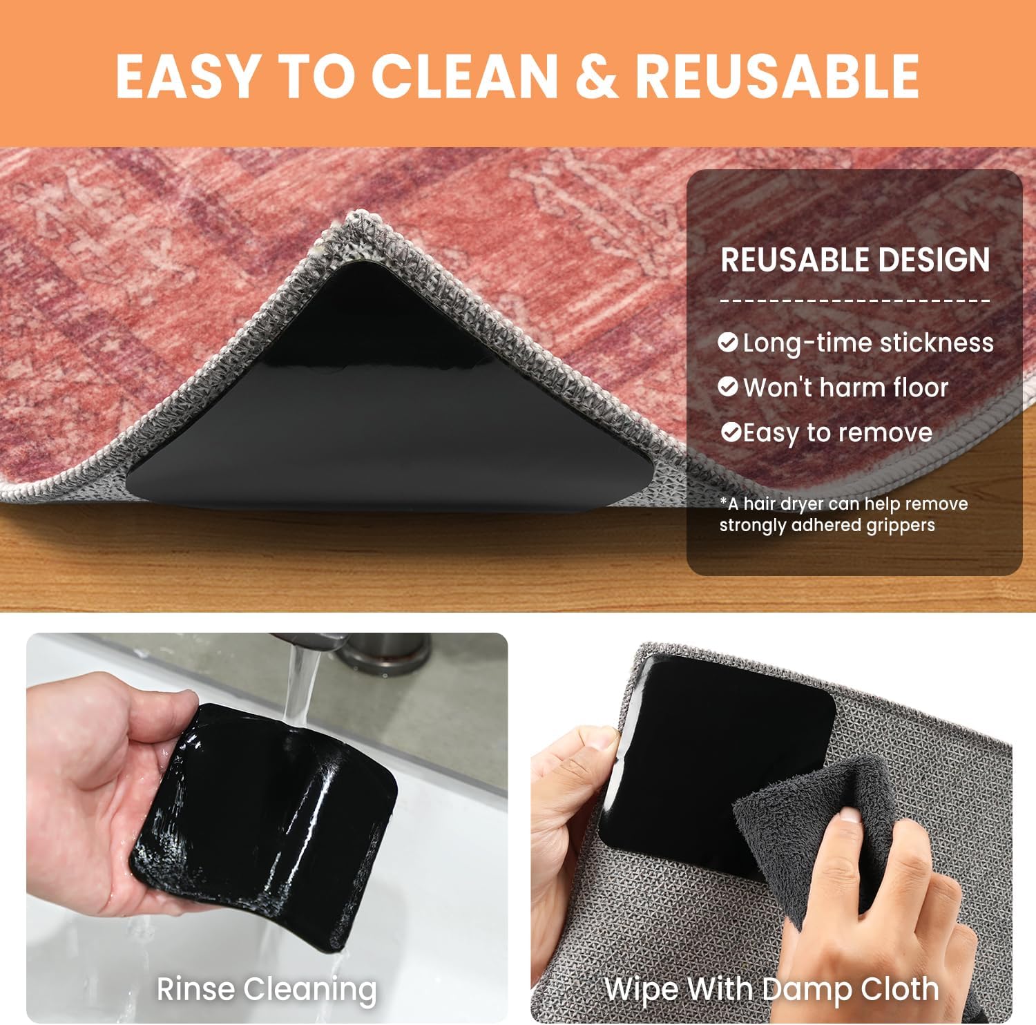 BAGAIL Non-Slip Rug Grippers - 4 Reusable Double-Sided Adhesive Corners for Hardwood & Tile Floors | 4x4in
