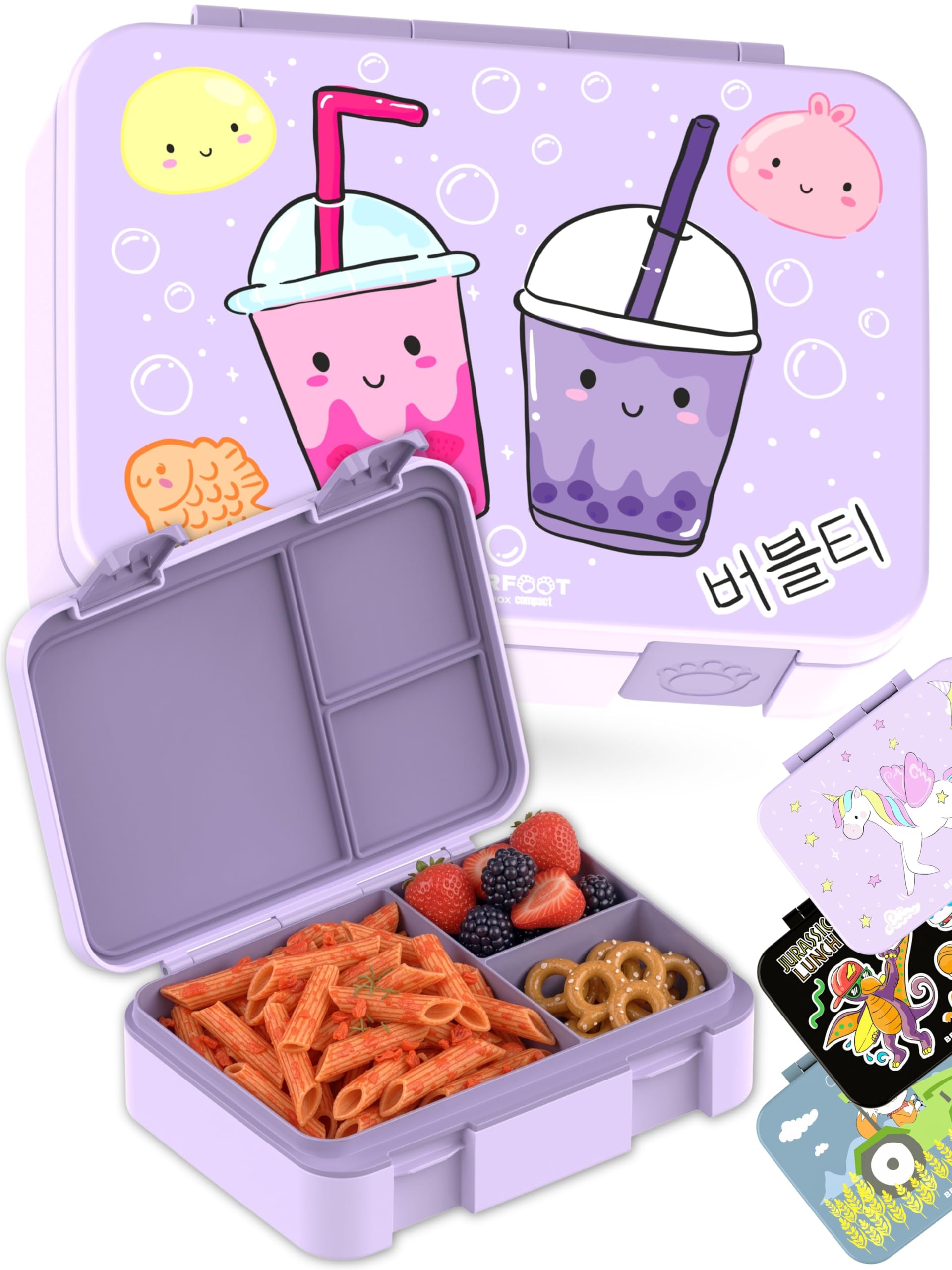 BEARFOOT Kids Lunch Box with Compartments – Compact & Lightweight | Leak-Proof, BPA-Free, Dishwasher Safe | Hand-Drawn Design for Preschool, School, Travel (BubbleTea Purple, 4 Cups)