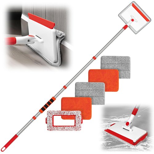 JEHONN Baseboard Cleaner Tool with Handle, 56 inches Base Boards Cleaning Mop Scrubber, 1 Stiff Bristles Brush, 2 Chenille and 2 Microfiber Pads, Wall Duster for Floorboard Ceiling Window Tile