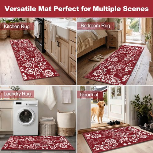 LOKHOM Christmas Kitchen Rugs Sets of 3, Non Slip High-Low Textured Red Kitchen Mats for Floor with Rubber Backing, Paisley Floral Washable Carpet Runner for Hallways Sink Holiday Decor (Red & White)