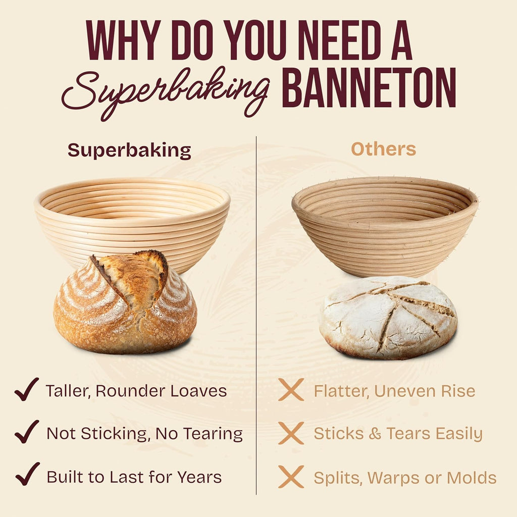 Superbaking Sourdough Starter Kit - 9" Round Banneton Bread Proofing Basket Set with Silicone Sling