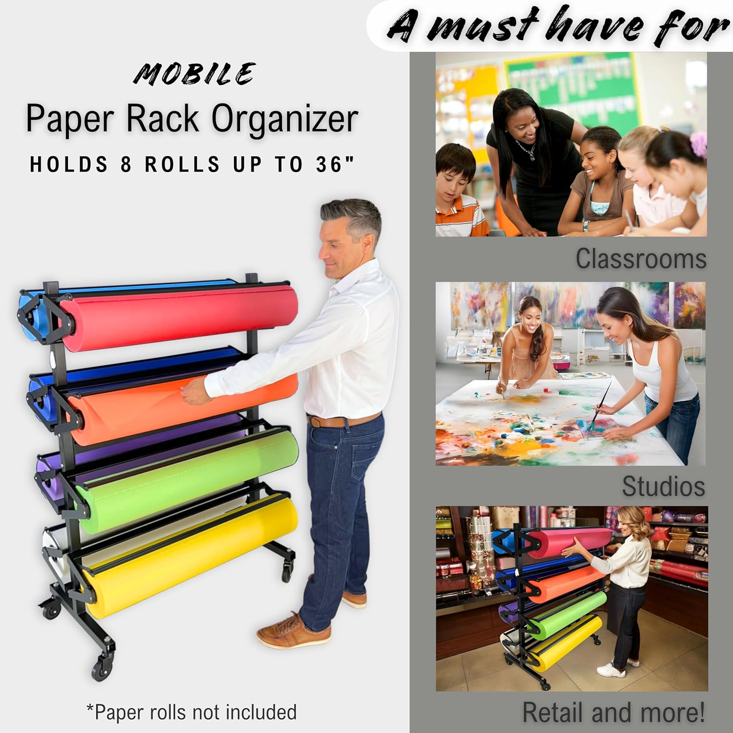 Skiennix Paper Roll Holder - Durable Dispenser Rack & Cutter for 36" Craft Rolls | Mobile Organizer