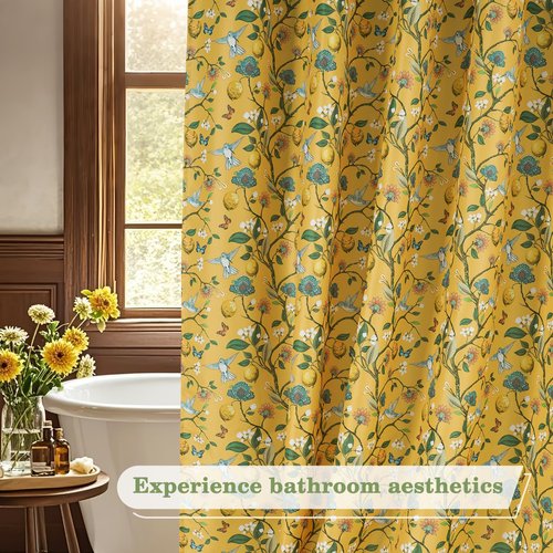 Fammio Floral Bird Shower Curtain, Boho Yellow Shower Curtain 72x72, Hummingbird Jungle Victorian Farmhouse Botanical Shower Curtain for Bathroom, Chic French Country Style