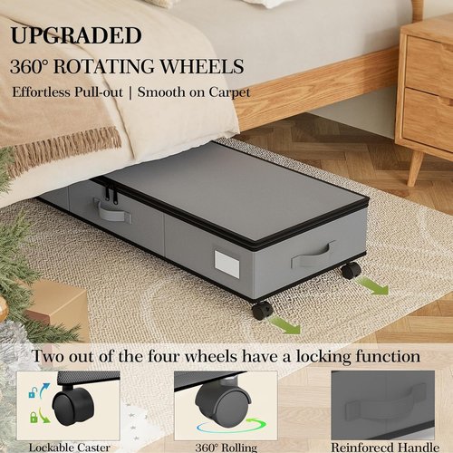 GoMaihe Under Bed Storage - 70L Rolling Bins for Wrapping Paper, Toys & Clothes | Includes Mesh Bag & Adjustable Dividers - Grey