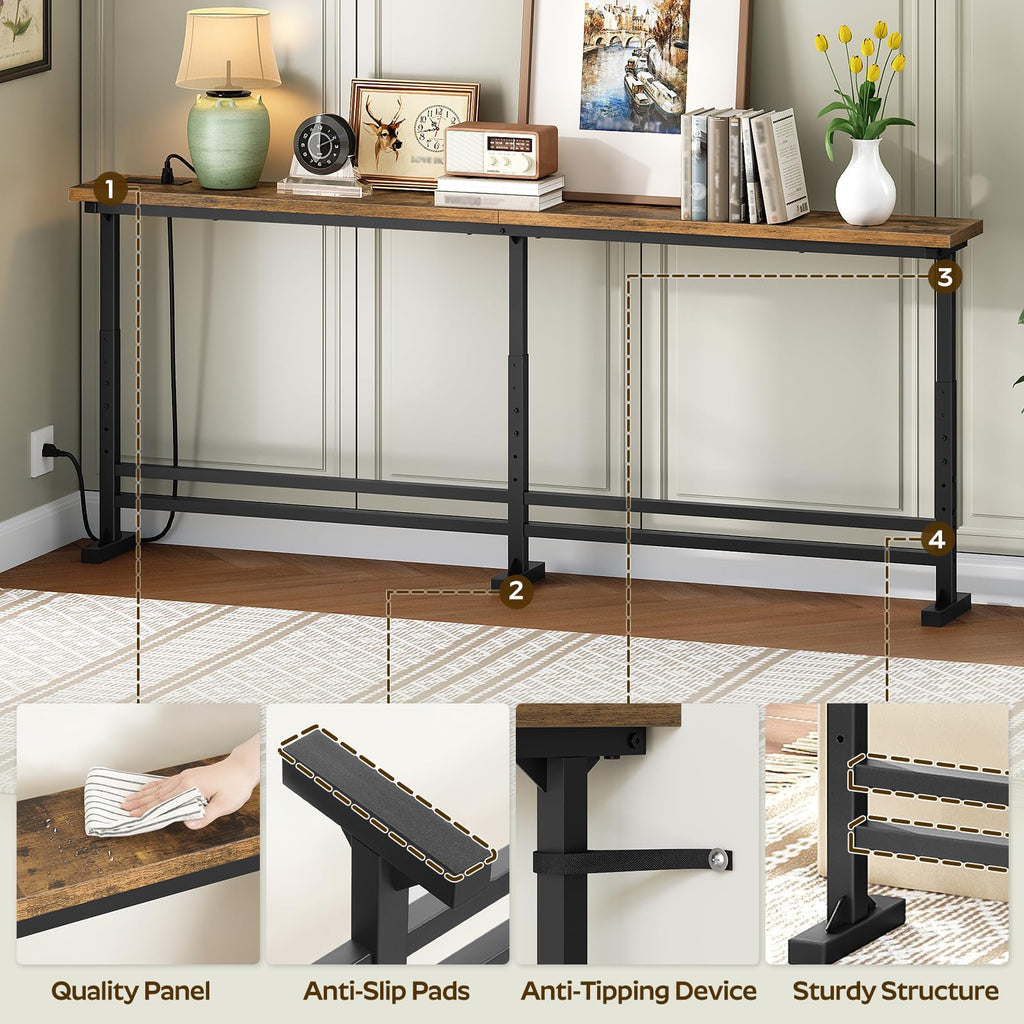 YATINEY 70.9" Console Table with Adjustable Height (27.6"-35.4") and Power Outlet, Skinny Behind Couch Table, Narrow Long Sofa Table for Living Room, Hallway, Entryway, Rustic Brown and Black CT08UBR