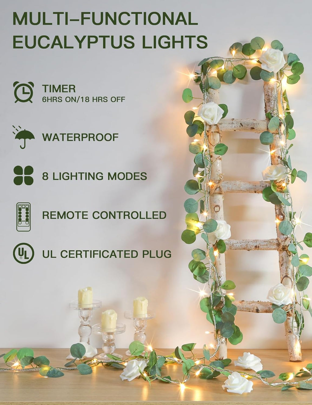 Suddus Eucalyptus Garland String Lights - 33ft with 100 LED Lights & Remote | Warm White Decor for Bedroom, Garden, Party, Wedding