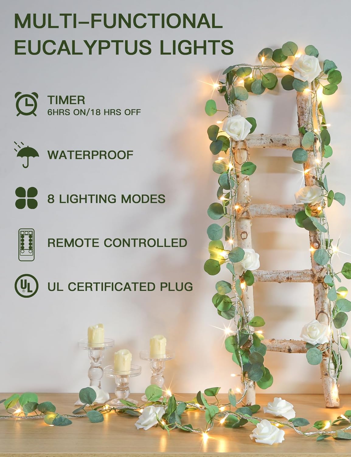 Suddus Eucalyptus Garland String Lights - 33ft 100 LED Plug-In with Remote | Warm White Leaf Lights for Bedroom, Party, Wedding Decor