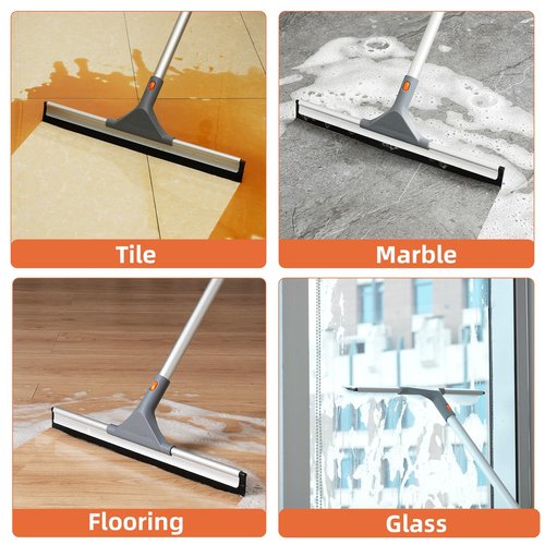 Eazer Floor Squeegee Broom: Heavy Duty Scrubber with Extendable 60'' Aluminum Pole and Rubber Blade for Kitchen, Swimming Pool, Concrete Floors,Shower,Tiles,Garages,Windows,Glass,Pet Hair Removal