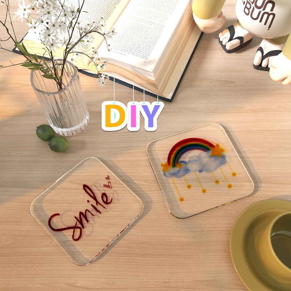 2 PCS Acrylic Coasters, Aesthetic Drink Coaster for Coffee Table, Clear Heat-Resistant Decorative Plates for Home Office Desk, Scratch-Proof Cup Protector for Kitchen Bar (Square 4'' 2 Pcs)