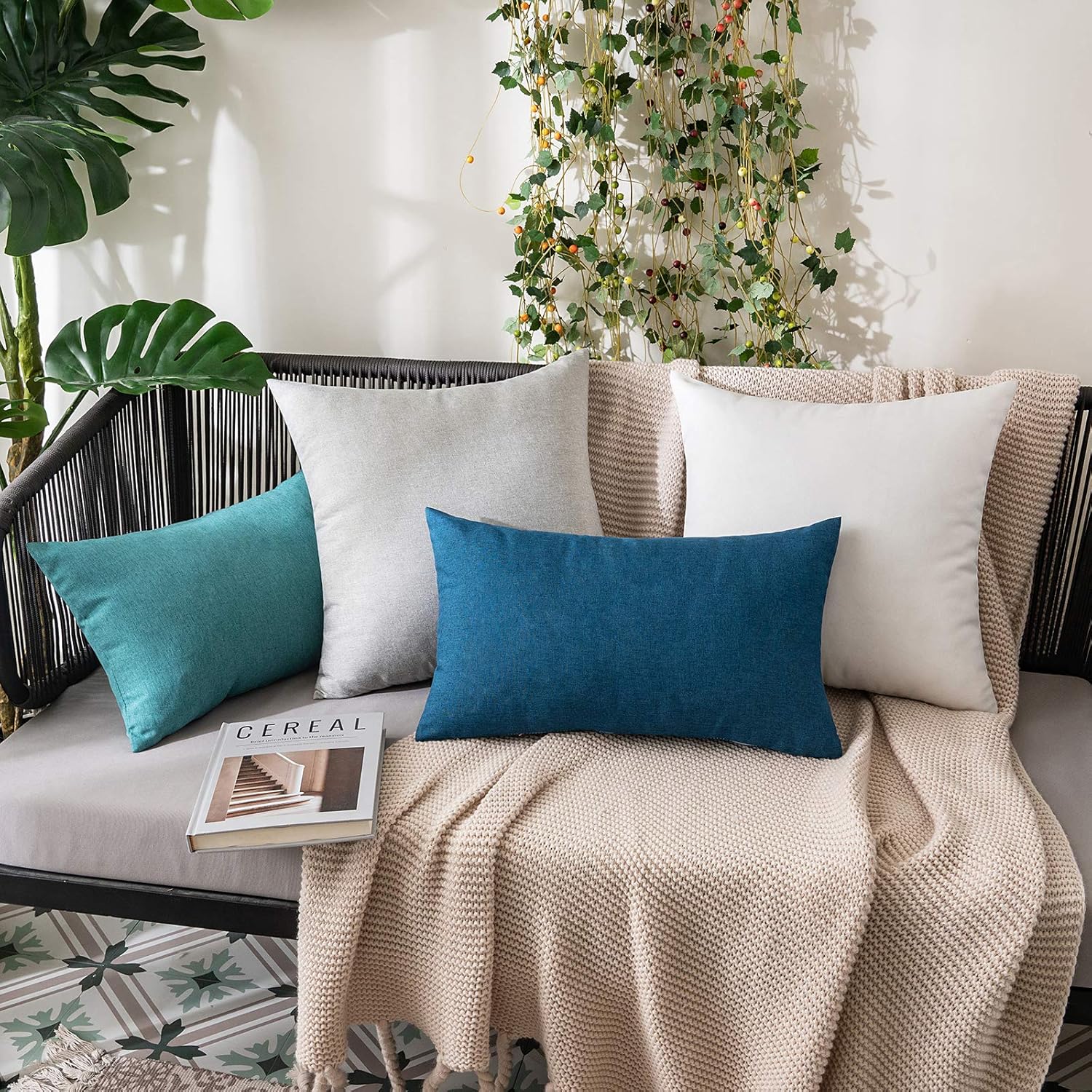 MIULEE Decorative Outdoor Throw Pillow Covers - Waterproof Faux Linen Cushion Cases | 24x24 Inch White (Pack of 2)