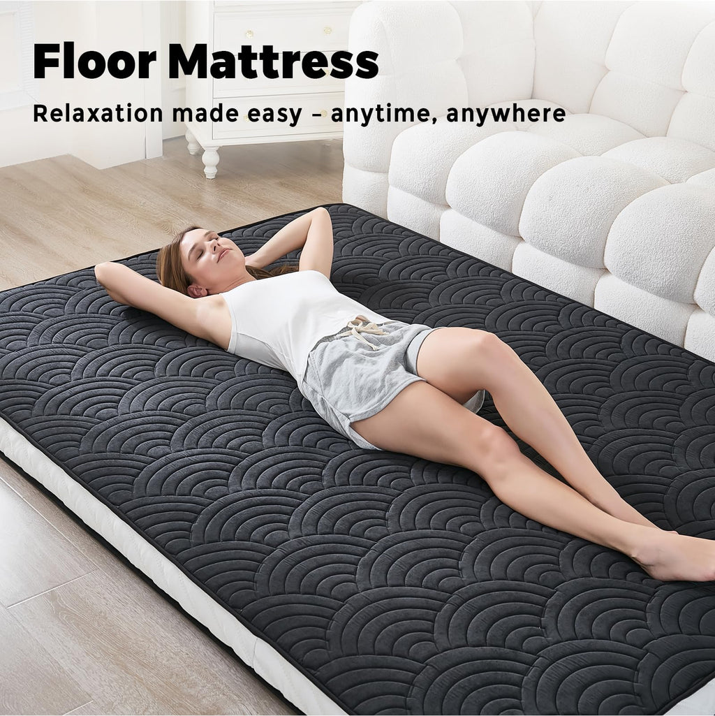 Zelladorra Japanese Floor Mattress, Quilted Futon Mattress with Anti-Slip Bottom, Foldable Floor Bed with Storage Bag and Straps, (Black, Full)