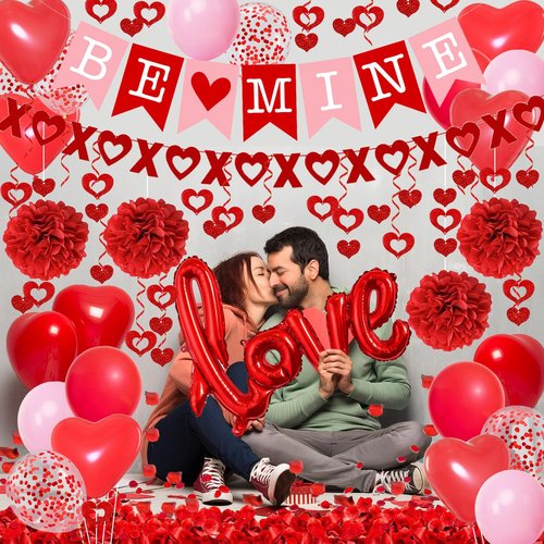 Red Valentines Day Decorations, BE MINE Banner and Heart Hanging, Heart XO Garlands, Red Paper Pompoms, Rose Petals, Love Foil Balloons with Valentines Balloons, for Wedding Anniversary Party Decor