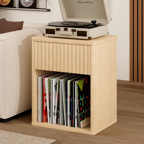 Fluted Nightstands Set of 2, Wooden End Table Bed Side Table with Curved Drawer, Mid Century Modern Fluted Night Stand with Rounded Edge for Bedroom, Living Room Sofa, Nature Oak