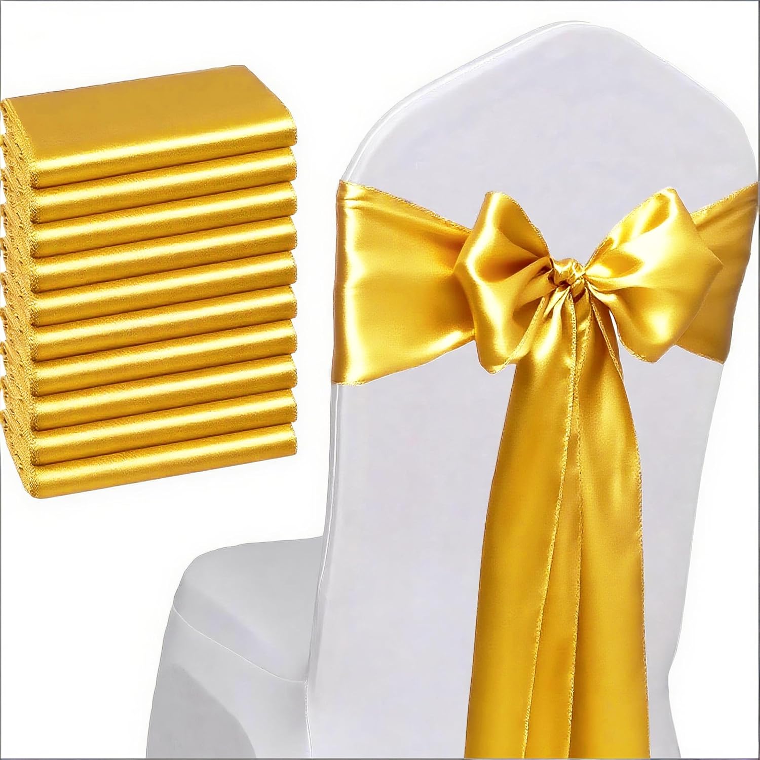 Skiennix Wedding Satin Chair Sashes - Elegant Gold Bows for Events | 7x108 Inch, Pack of 50